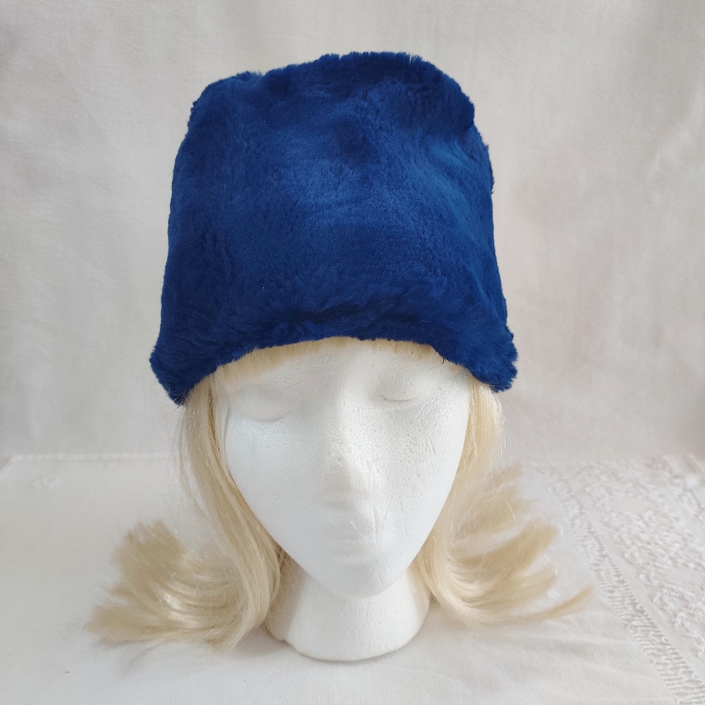 Vintage Royal Blue Rabbit Fur Hat 1960's Beanie-Cossack Cross Winter Hat